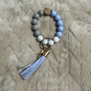 Elegant Gray and Blue Beaded Bracelet with Tassel KeyRing